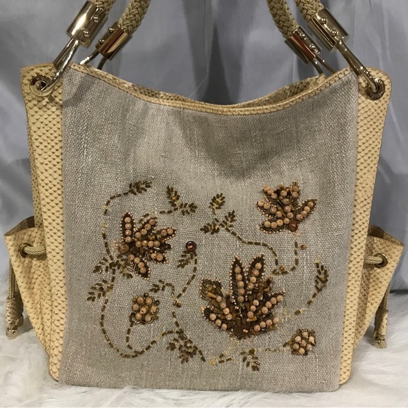 Super Rare Michael Kors Skorpios Beaded Genuine Linen Embossed Tote Bag EUC - Picture 16 of 16